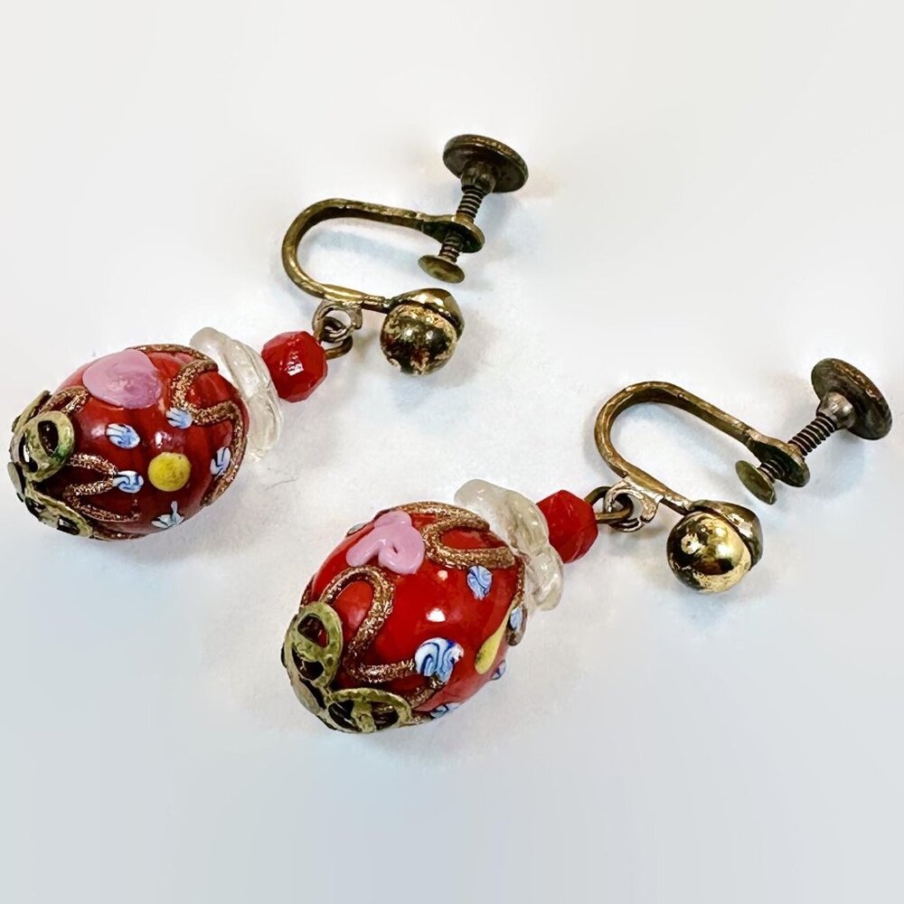 Vintage Venetian Wedding Cake Earrings:  Red Glass Flowers Screw Backs
